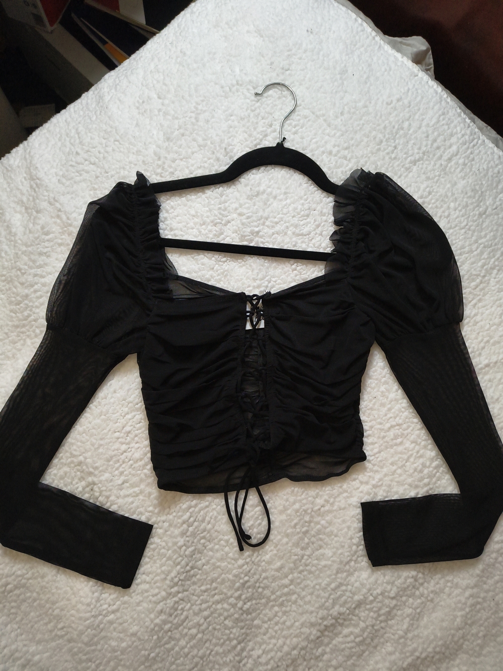 Princess Polly Black Sheer Lace-Up Puff Sleeve Crop Top